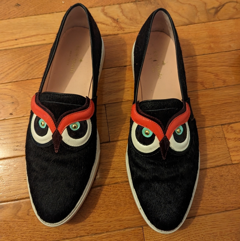 Kate Spade calf hair owl loafers